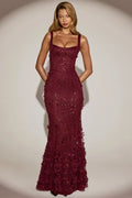 Embellished Appliqué Soft-Scoop Corset Gown in Wine Red