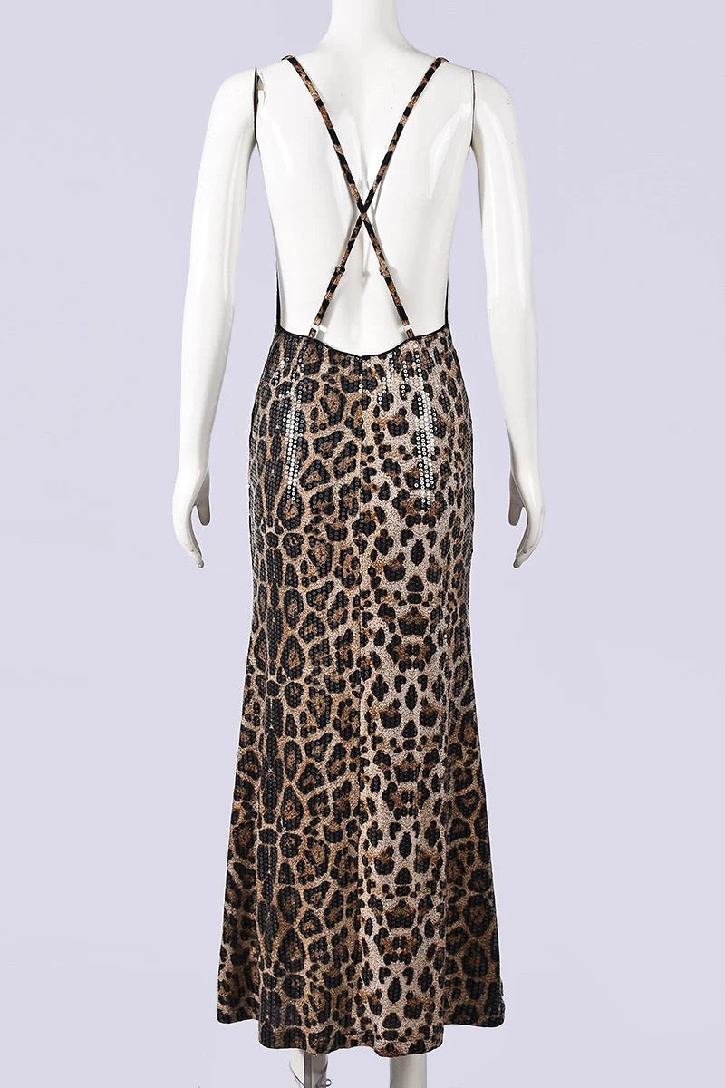 Leopard Sequin Cowl Neck Fitted Long Dress