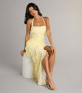 Blake Mesh Halter Slit Ruffle Formal Dress