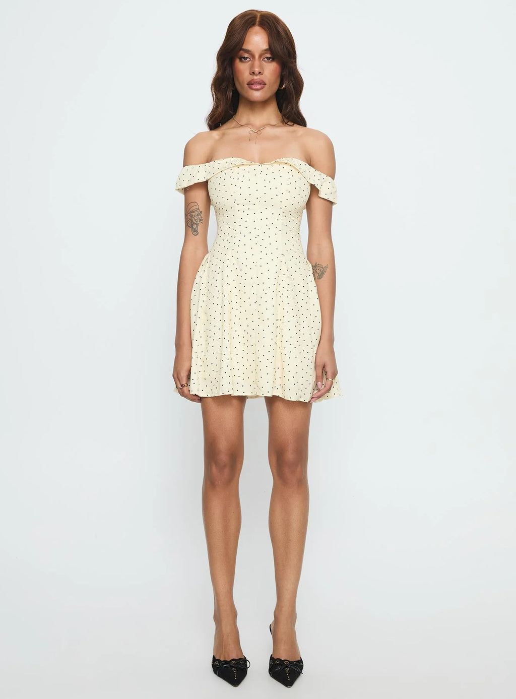 Rosebud Off The Shoulder Mini Dress Yellow / Polka Dot