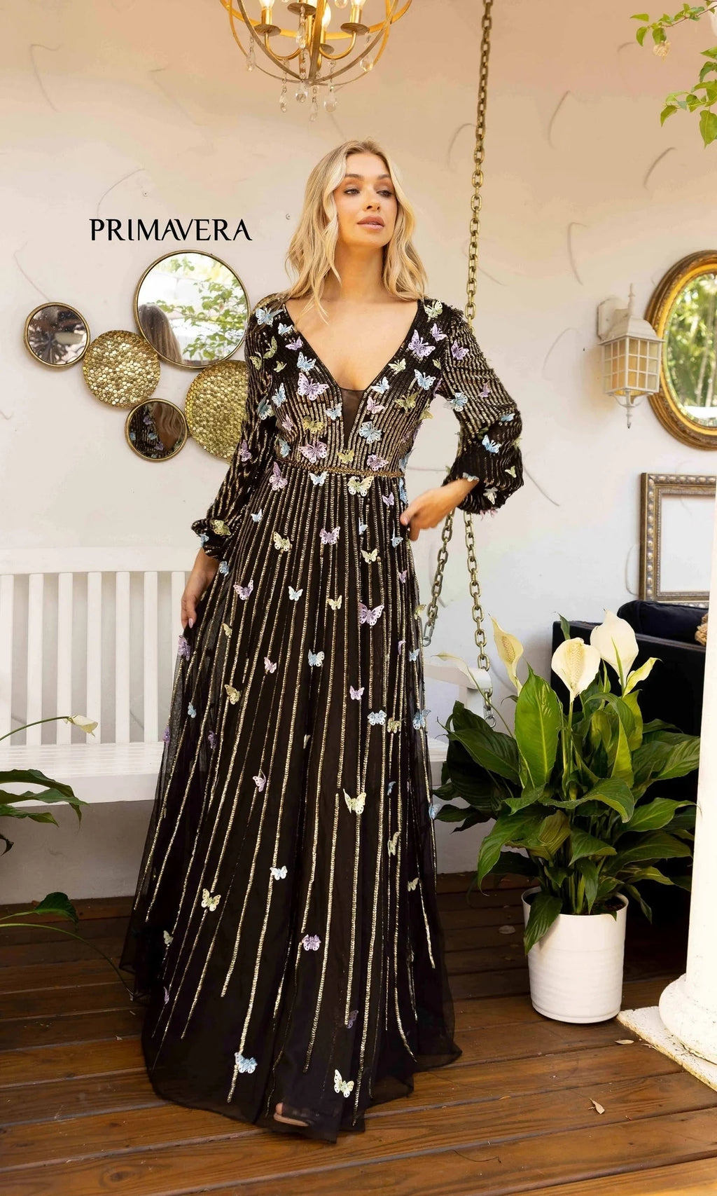 Long-Sleeve Long Sequin Butterfly Prom Dress 12024