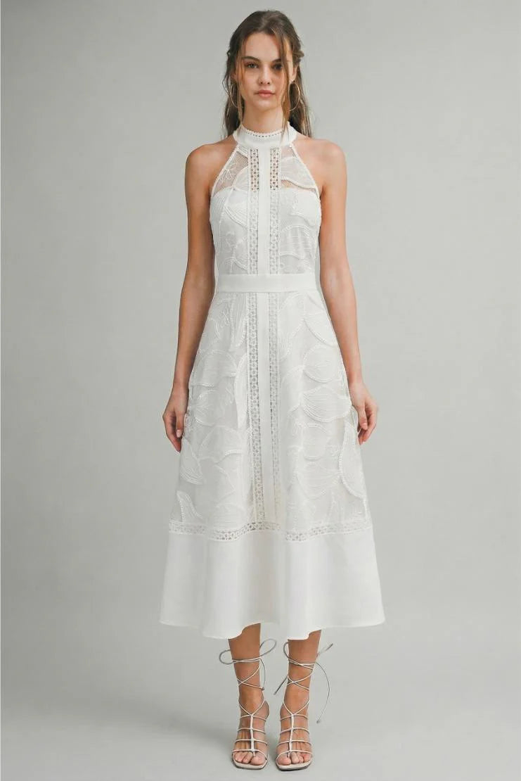 Celine Halter Neck Lace Midi Dress - White