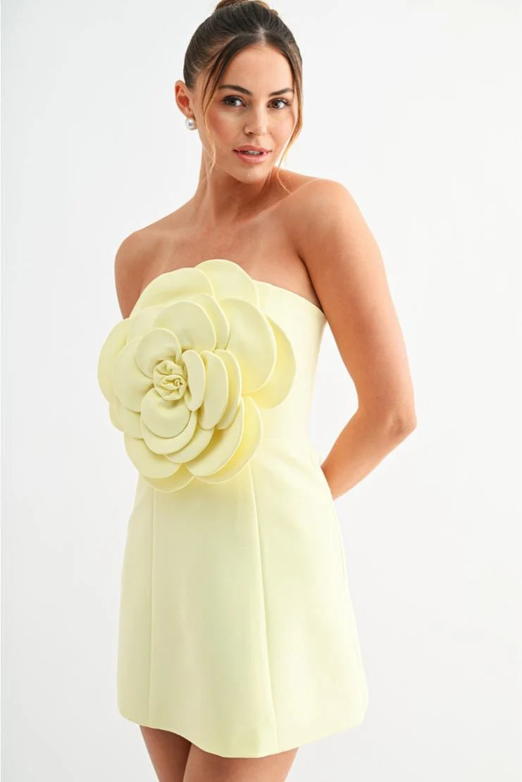 Blossom 3D Floral Bloom Strapless Mini Dress - Yellow