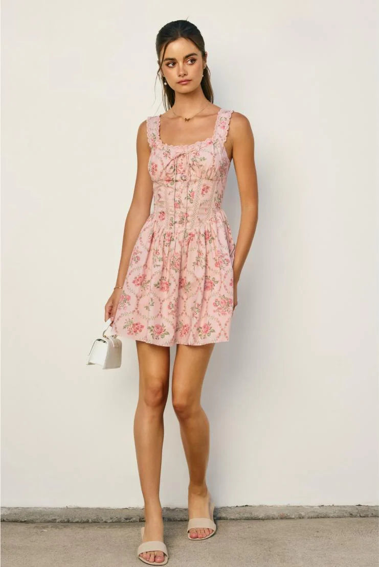 Taylor Florals Lace Trim Bustier Mini Dress - Pink
