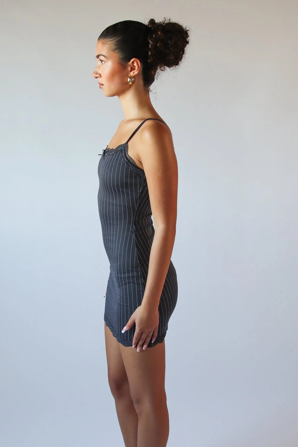 Lace Trim Pinstripe Mini Dress