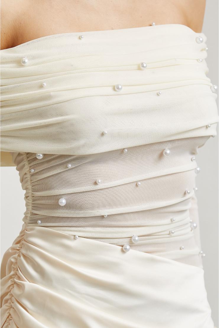 Amara Off Shoulder Pearl Tulle & Satin Maxi Dress - Ivory
