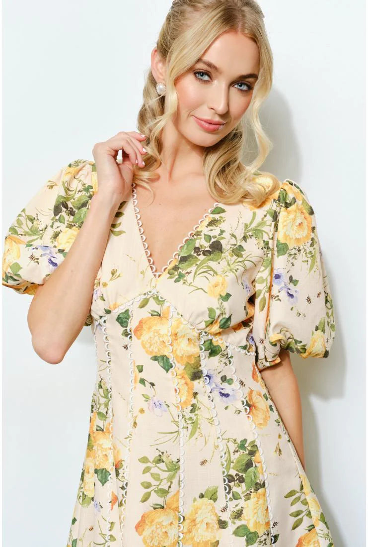 PRE-ORDER ONLY! ETA MAY 30th Savannah Floral Print Puff Sleeve Mini Dress - Yellow