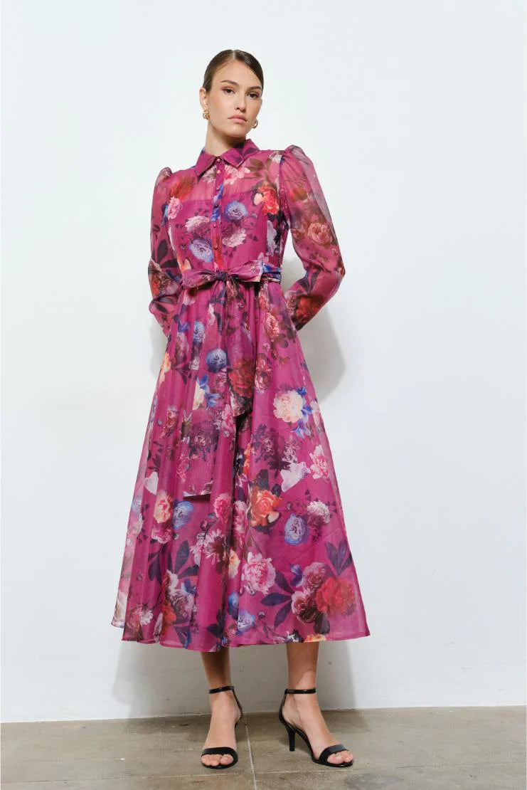 Flora Floral Print Organza Button-Up Midi Dress