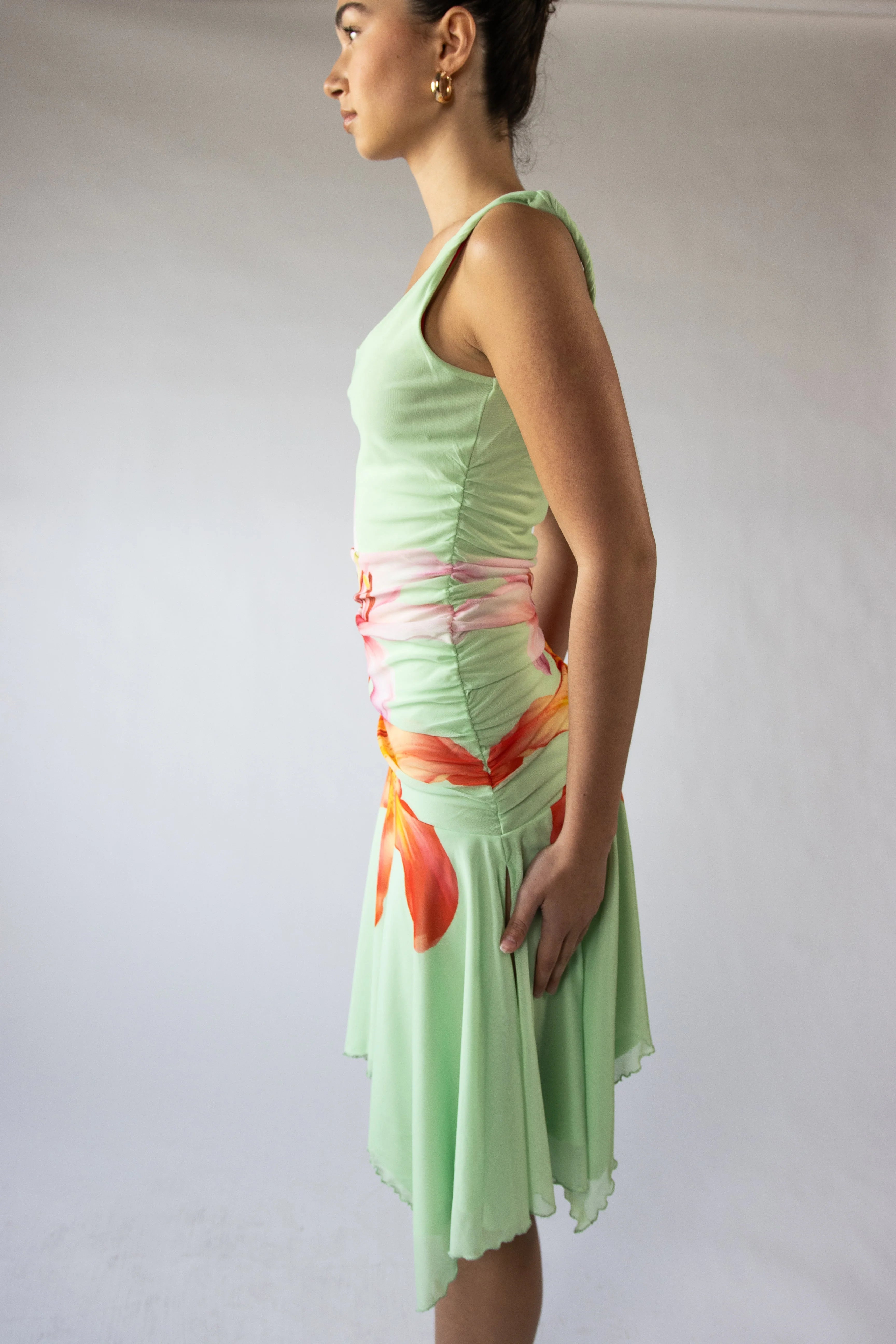 Flower Mesh Hanky Hem Midi Dress