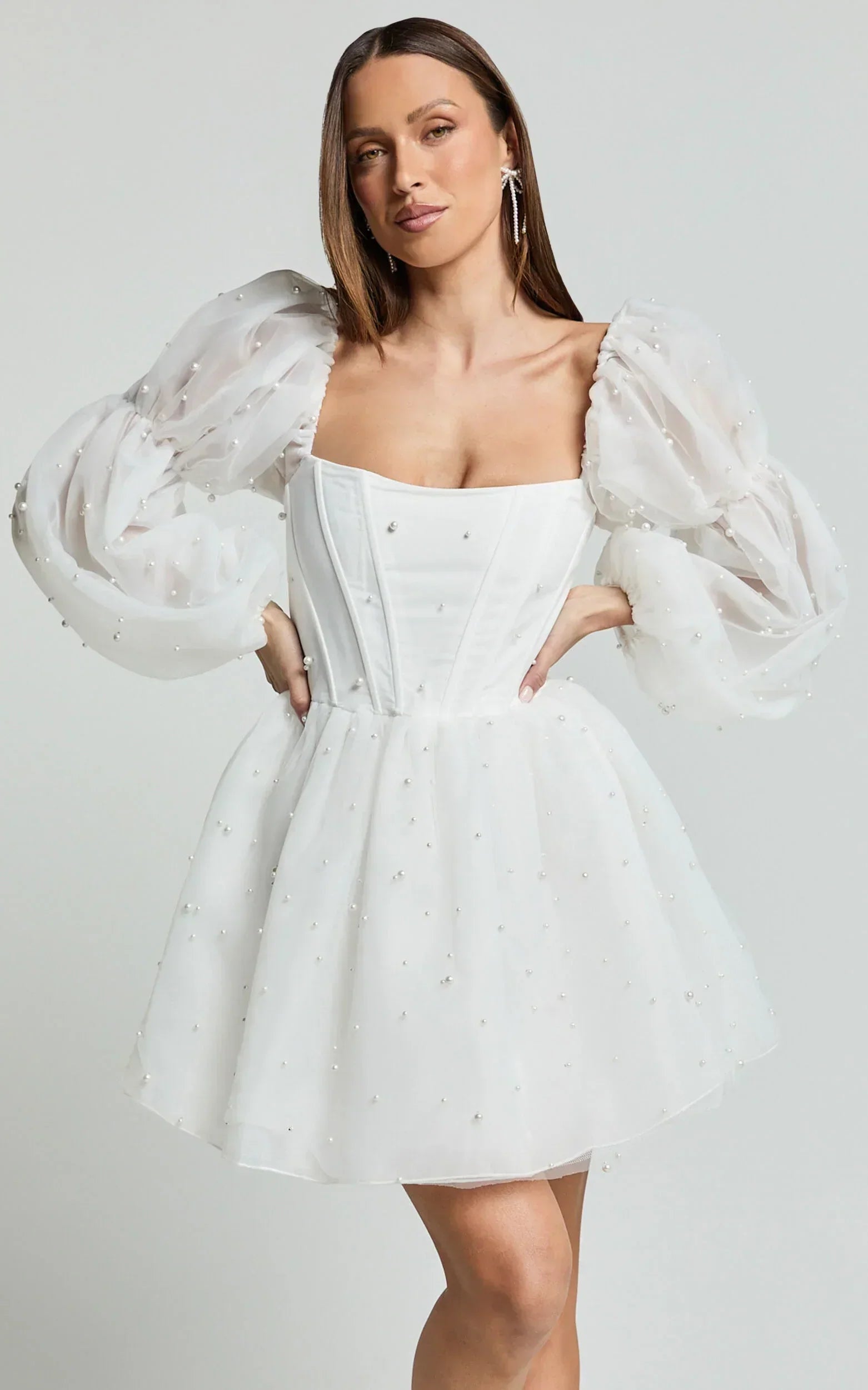 Ingrid Mini Dress - Long Puff Sleeve Pearl Detail Dress in White