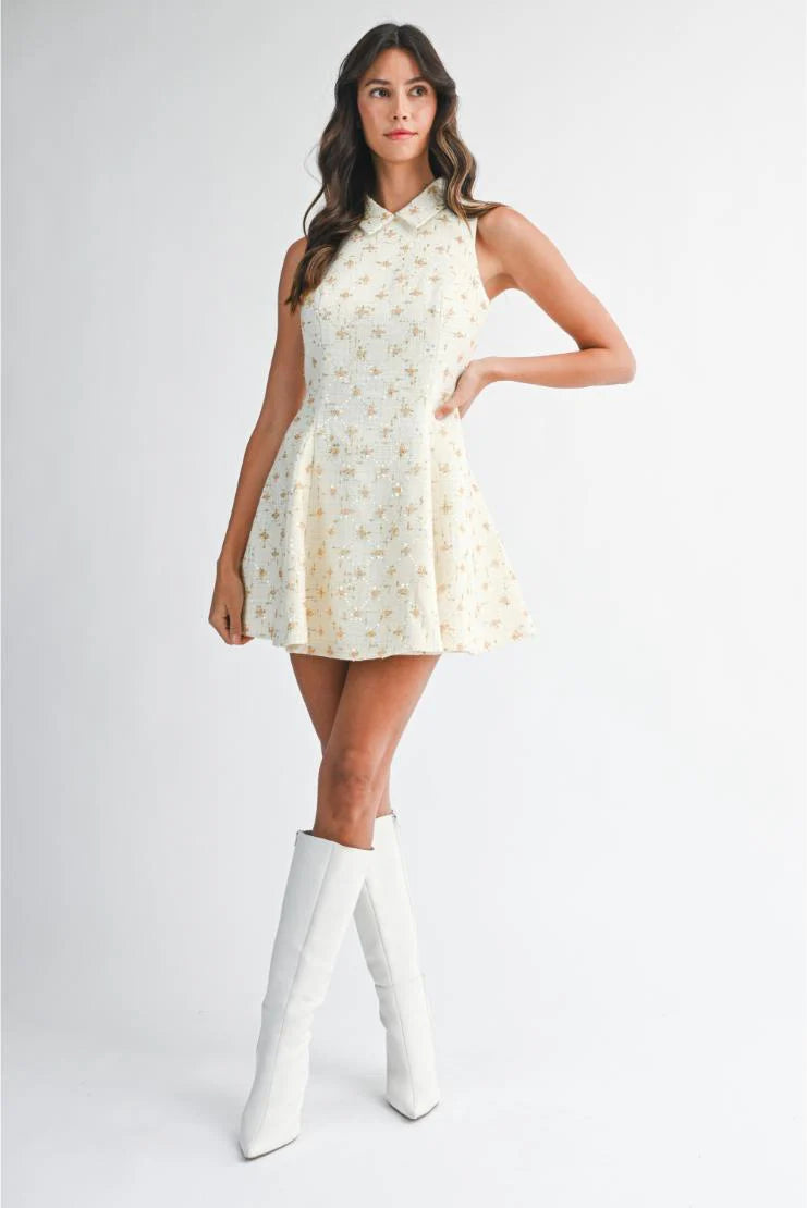 Maya Beaded Tweed Sleeveless Flared Mini Dress