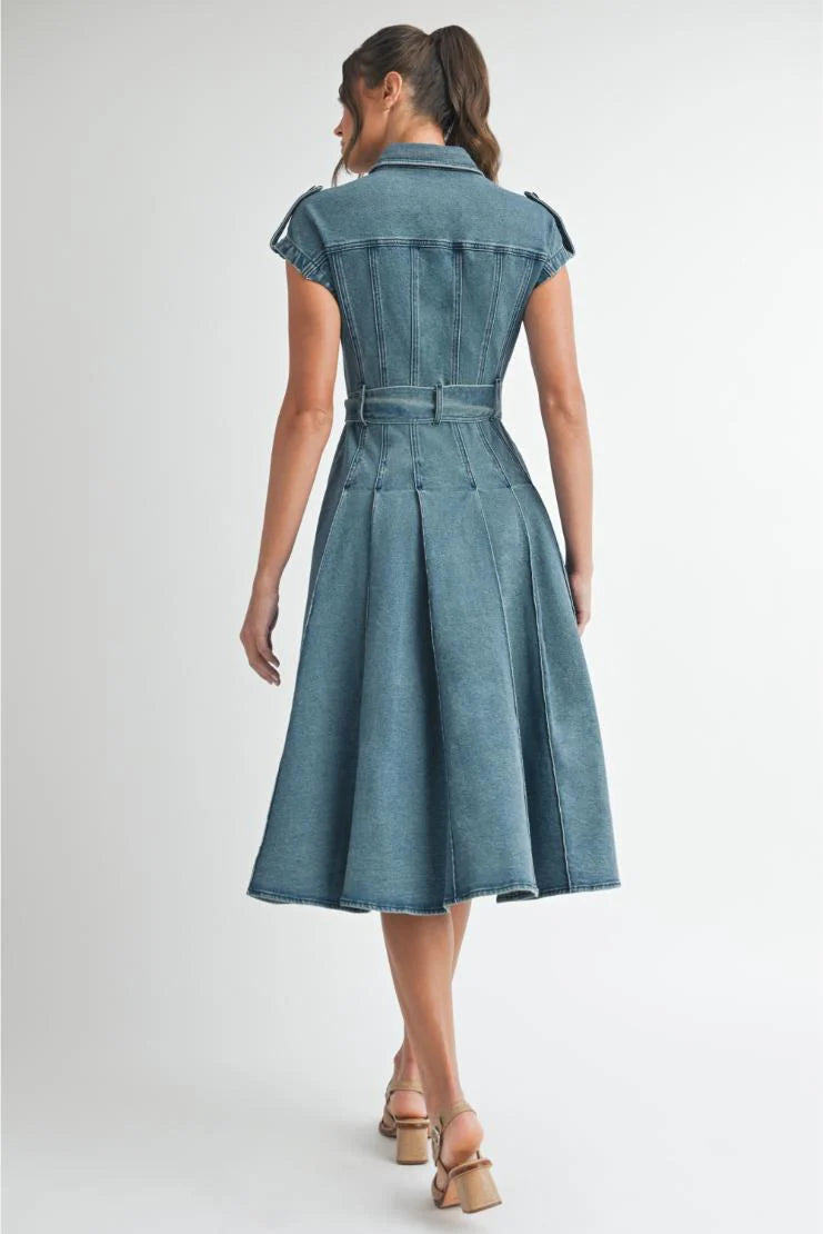 Dana Button Up Belted Denim Midi Dress