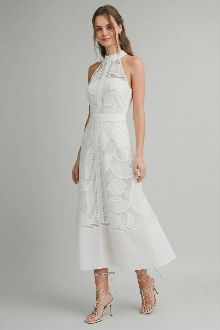 Celine Halter Neck Lace Midi Dress - White