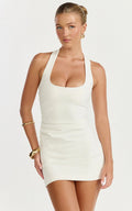 Lucinda Mini Dress - Scoop Neck Ruched Bodycon Dress in White