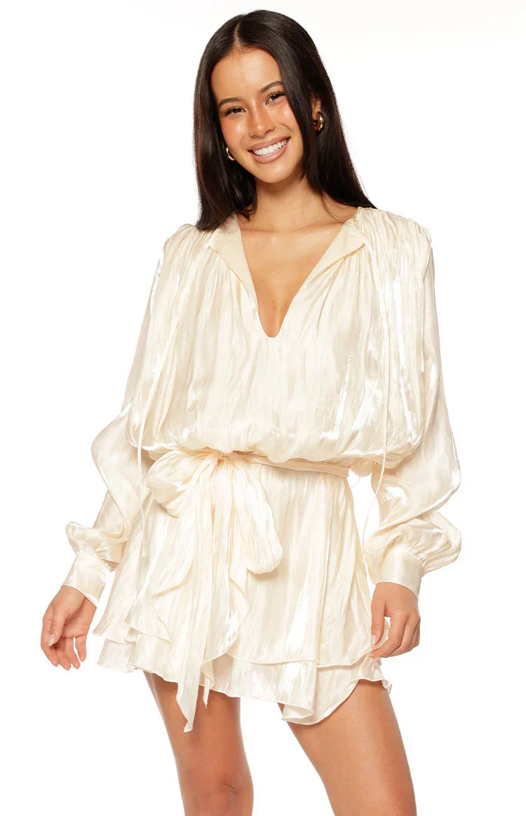 Quinton Pearl Satin Long Sleeve Tie Mini Dress