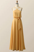 Halter Straps Purple Chiffon Long Bridesmaid Dress