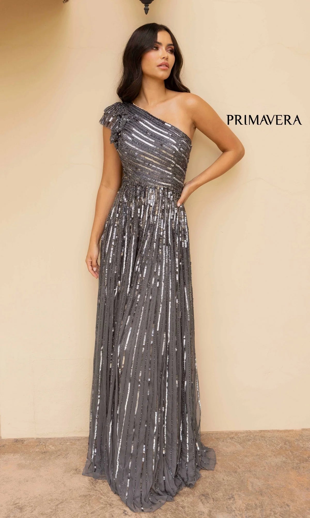 Strappy One-Shoulder Long Sequin Formal Dress 12009