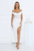 Ivory Veil Off Shoulder Lace Maxi Dress White