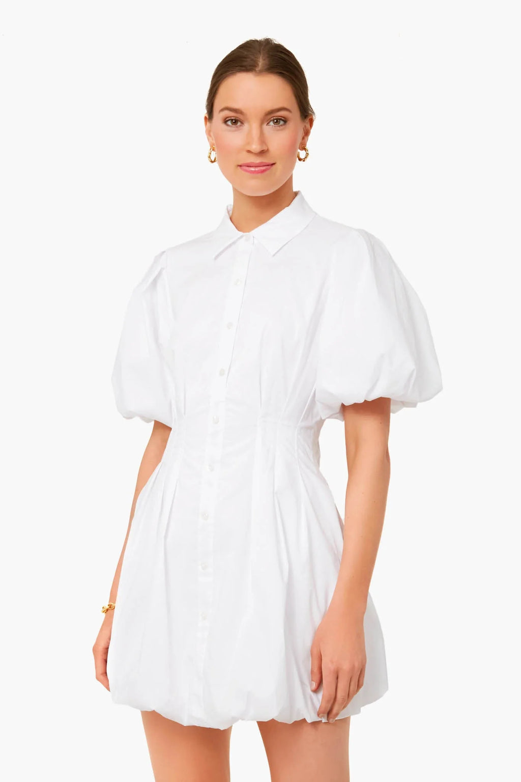 White Cleo Core Pleated Poplin Balloon Pintuck Mini Dress