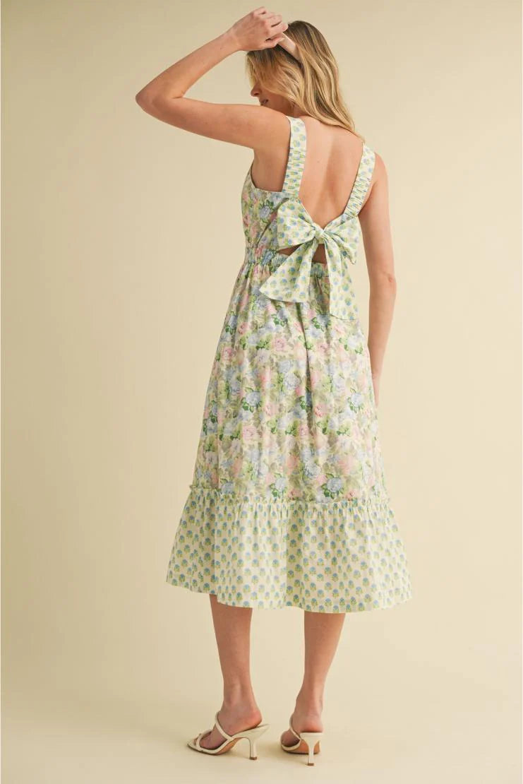 Emma Mae Mixed Floral Prints Back Bow Midi Dress