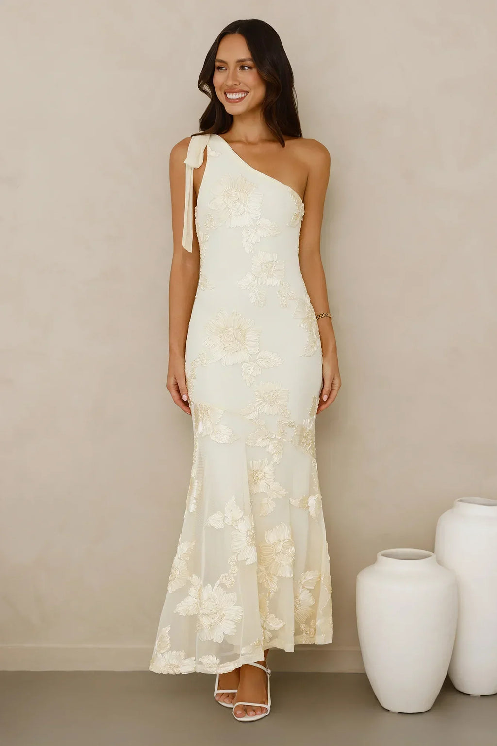 Glossy Girl One Shoulder Mesh Maxi Dress