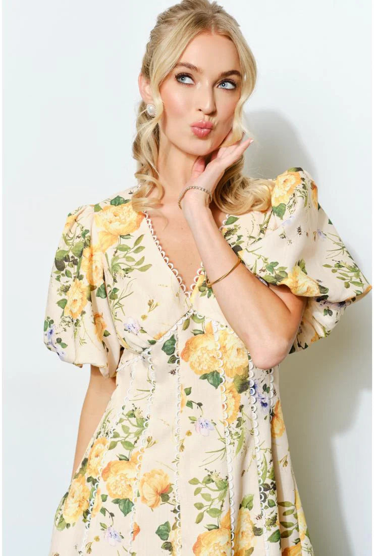 PRE-ORDER ONLY! ETA MAY 30th Savannah Floral Print Puff Sleeve Mini Dress - Yellow