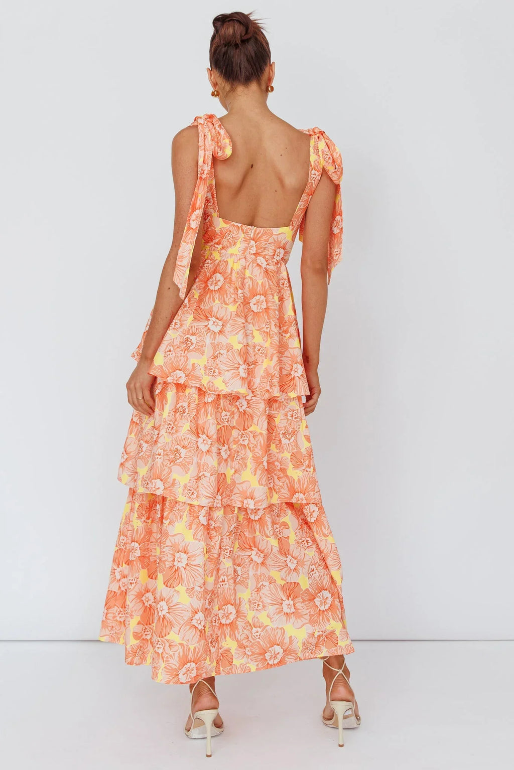 Arlowe Tied Shoulder Tiered Midi Dress Floral Orange