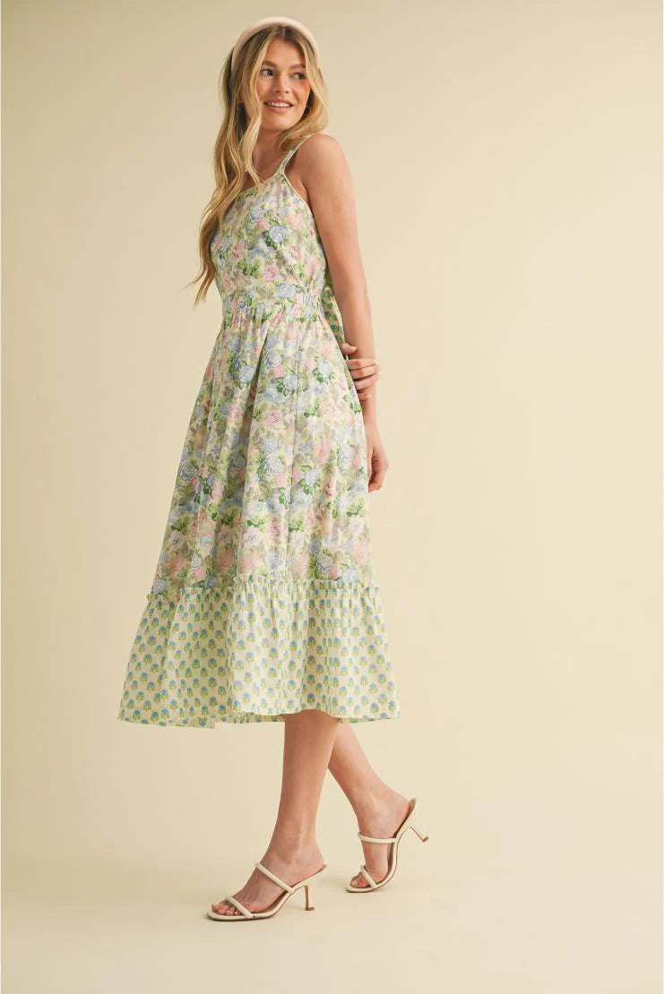 Emma Mae Mixed Floral Prints Back Bow Midi Dress