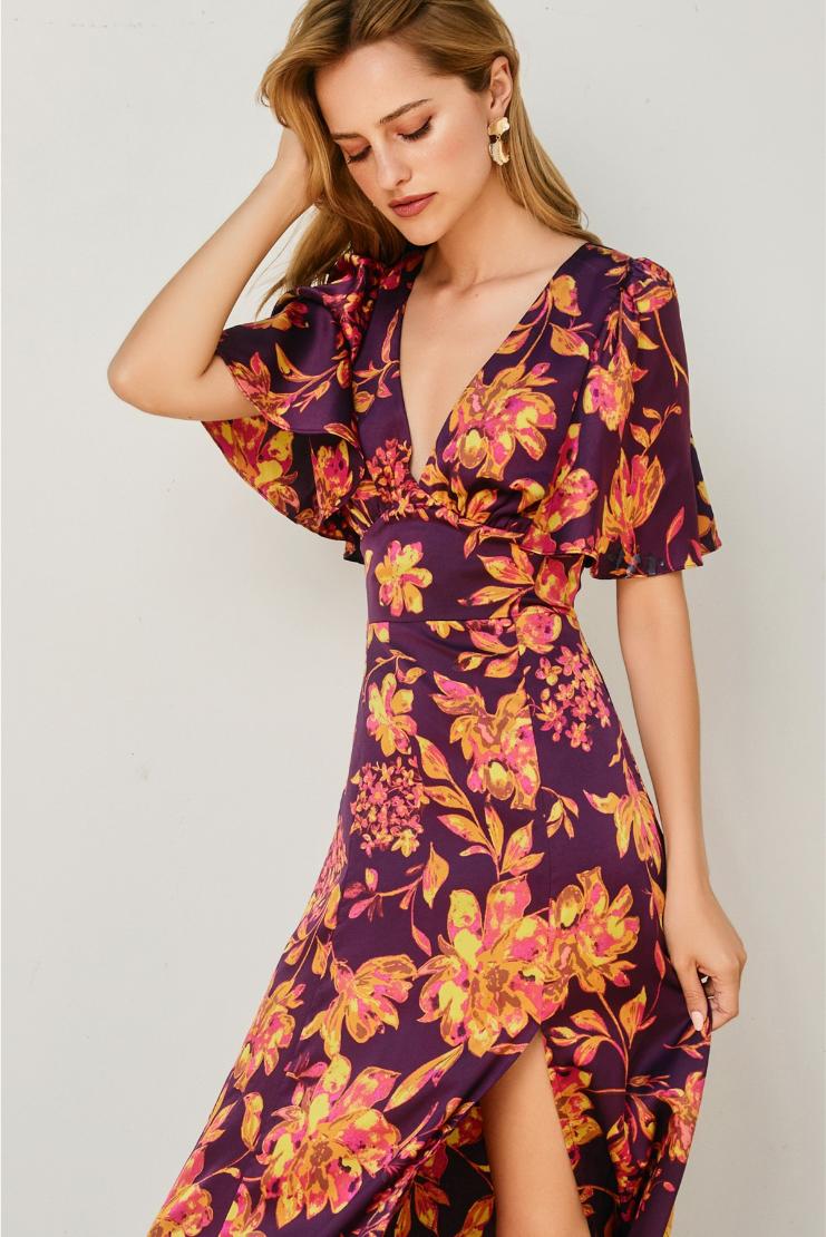 Talia Fall Florals Satin Bell Sleeved Maxi Dress