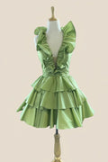 Halter Sage Green Ruffle Tiered Short Dress