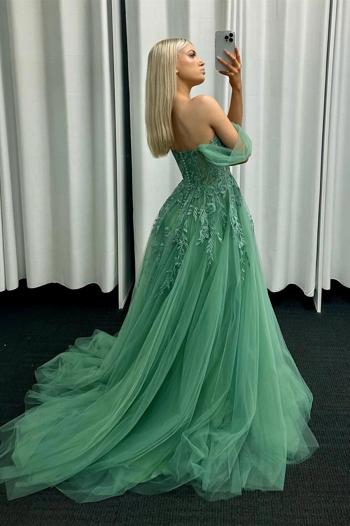 Light Blue Floral Embroidery Strapless A-line Formal Dress