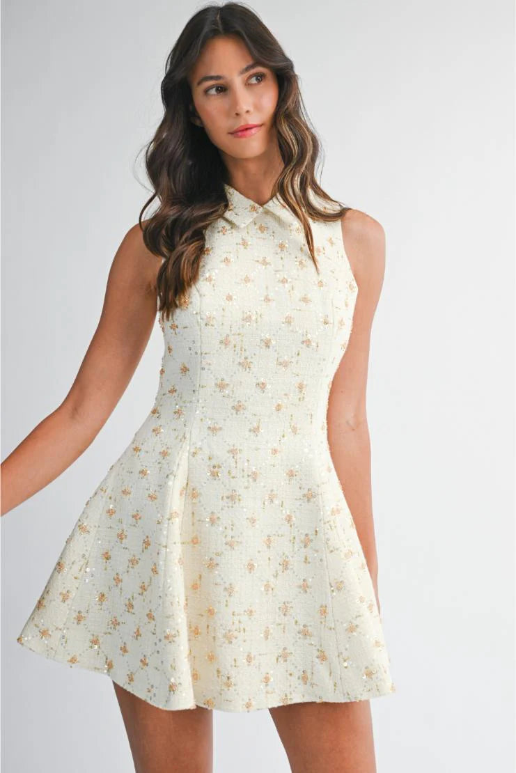 Maya Beaded Tweed Sleeveless Flared Mini Dress