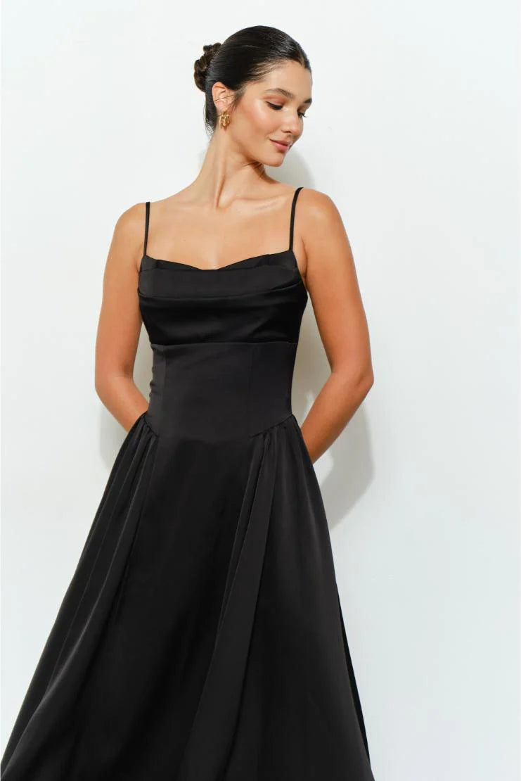 Jessie Satin A-Line Midi Dress - Black