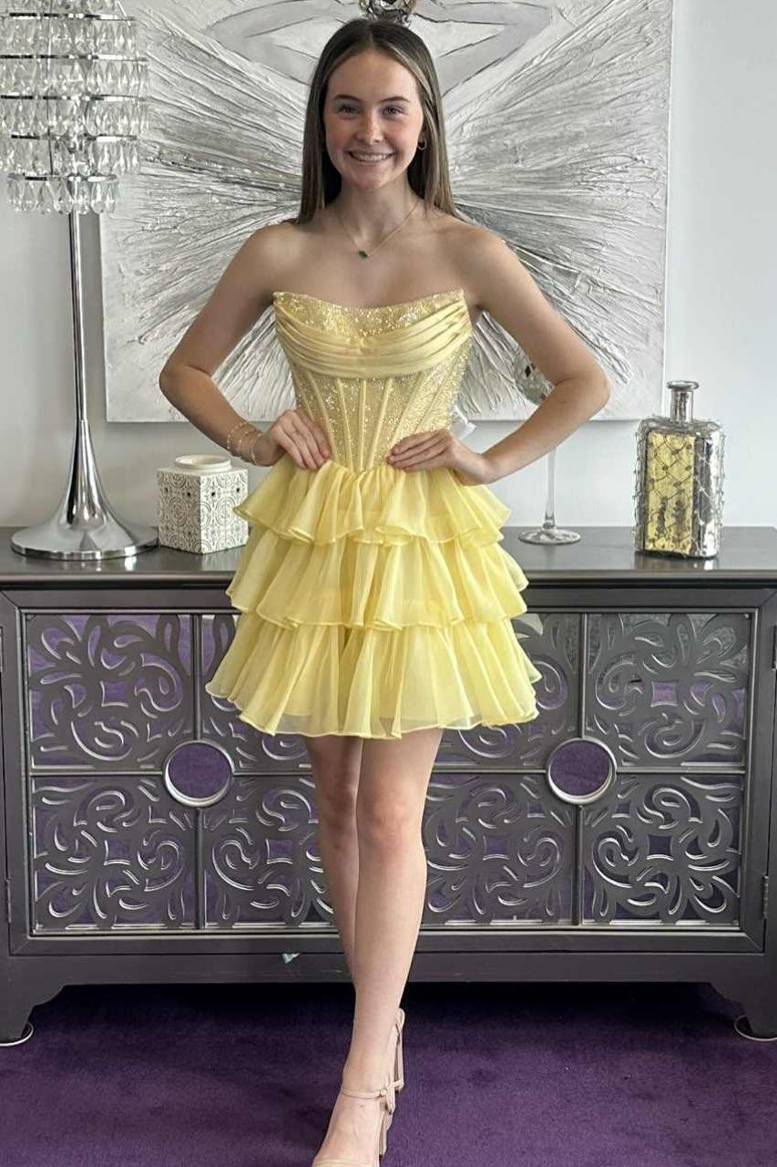 Light Blue Beaded Short Ruffle A-line Dress