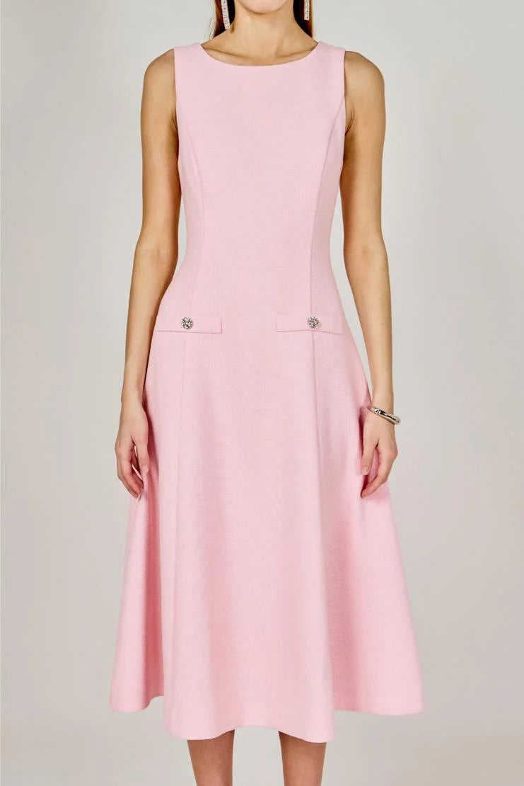 Princess High Neck Tweed Midi Dress - Pink