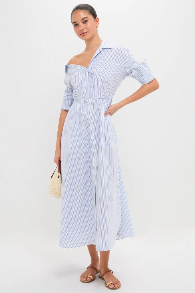 Blue Stripe Falling off the Shoulder Midi Dress