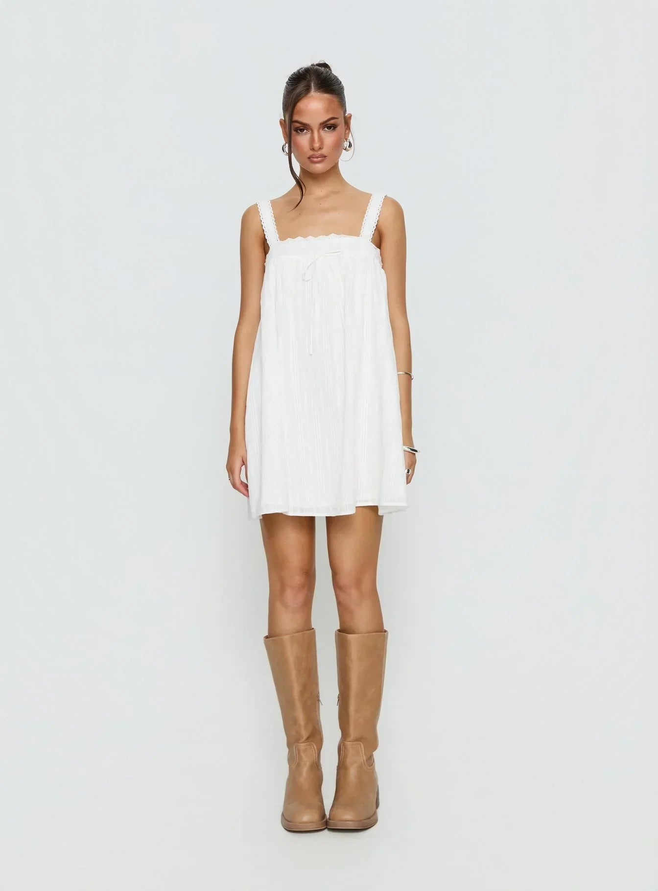 Reason To Stay Lace Trim Floaty Mini Dress White