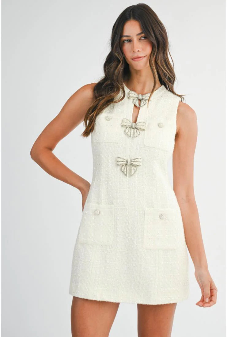 Peyton Pearl Bows Mini Tweed Dress - Ivory