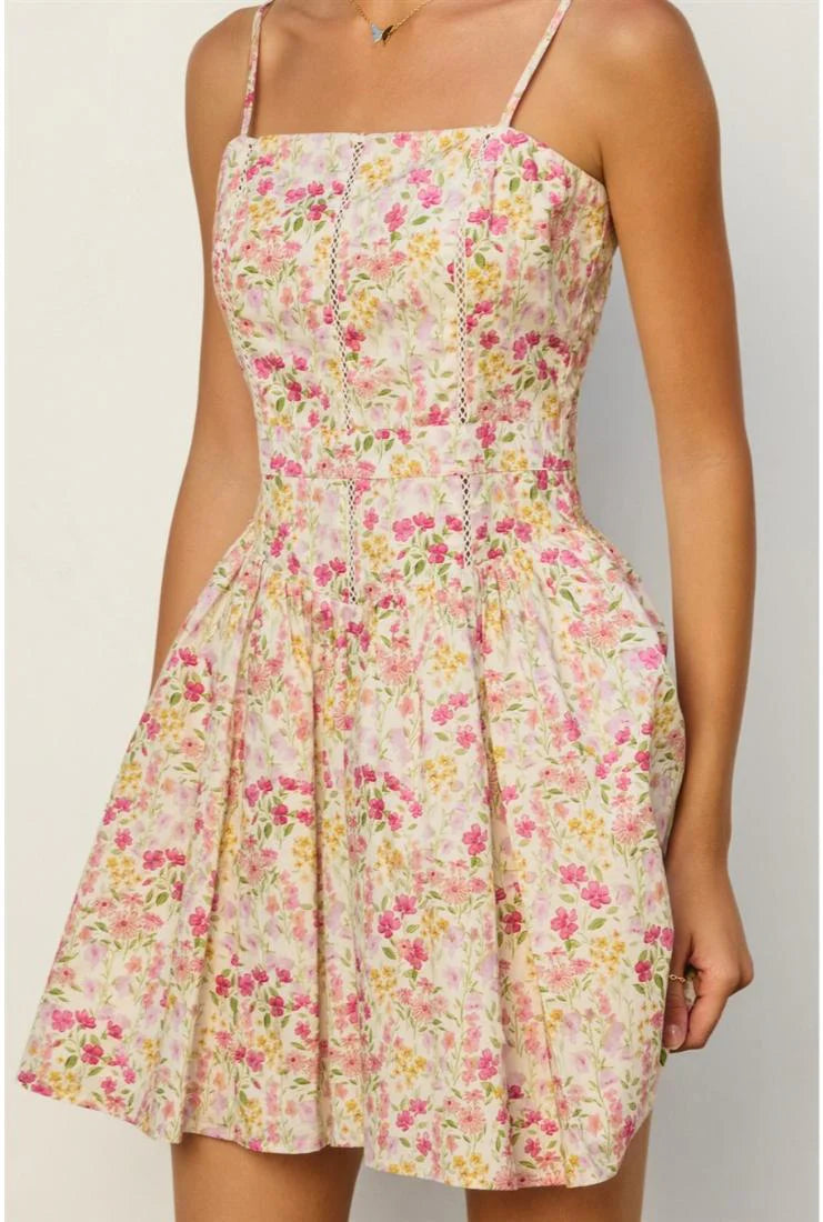 Destiny Floral Ladder Lace Pleated Flared Mini Dress