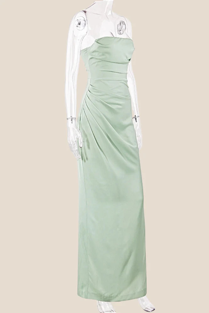 Strapless Sage Ruched Long Dress with Slit