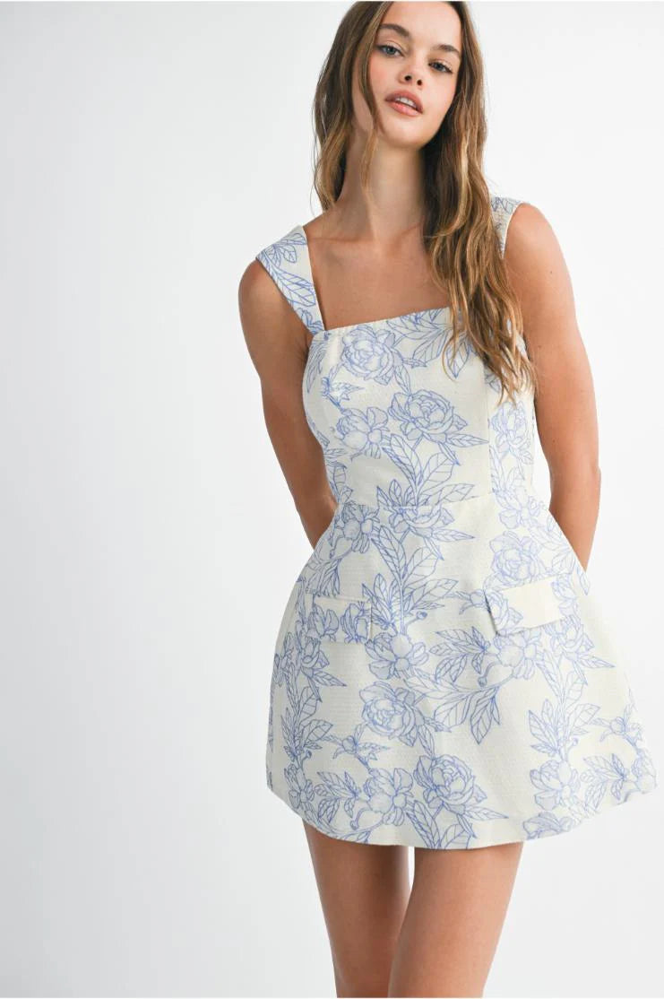 Natalia Floral Print Jacquard Mini Dress - Blue