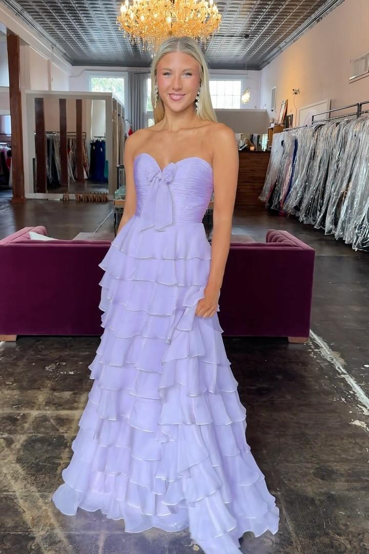 Strapless Yellow Tiered Long Dress with Bow