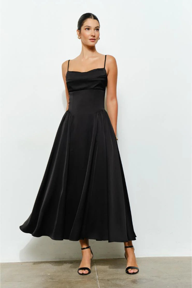 Jessie Satin A-Line Midi Dress - Black