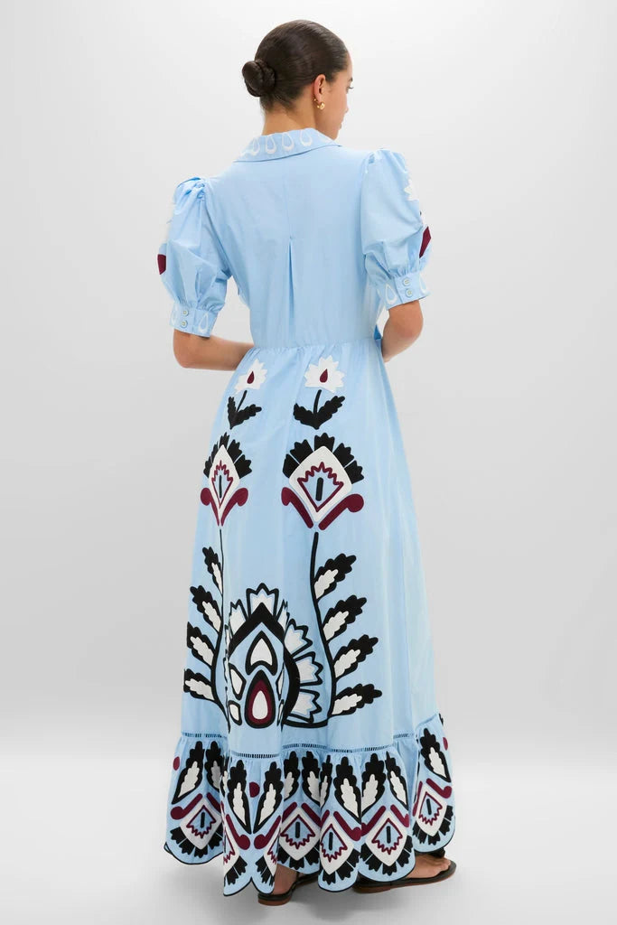 Blue Artisanal Short Sleeve Maxi Dress