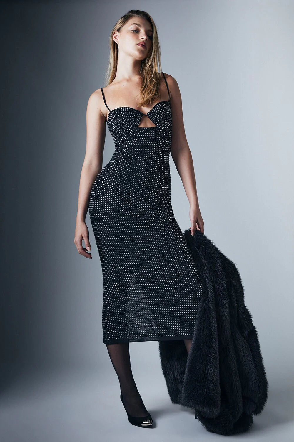 Aisha Diamante Midi Dress - Black