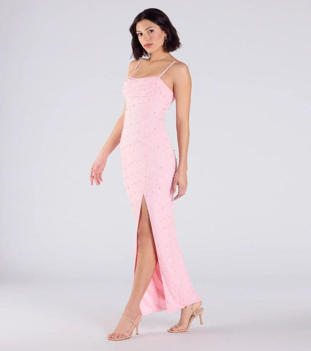 Klara Cowl Neck Faux Pearl Bead Column Dress