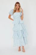 Giavana Puff Sleeve Layered Maxi Dress Floral Blue
