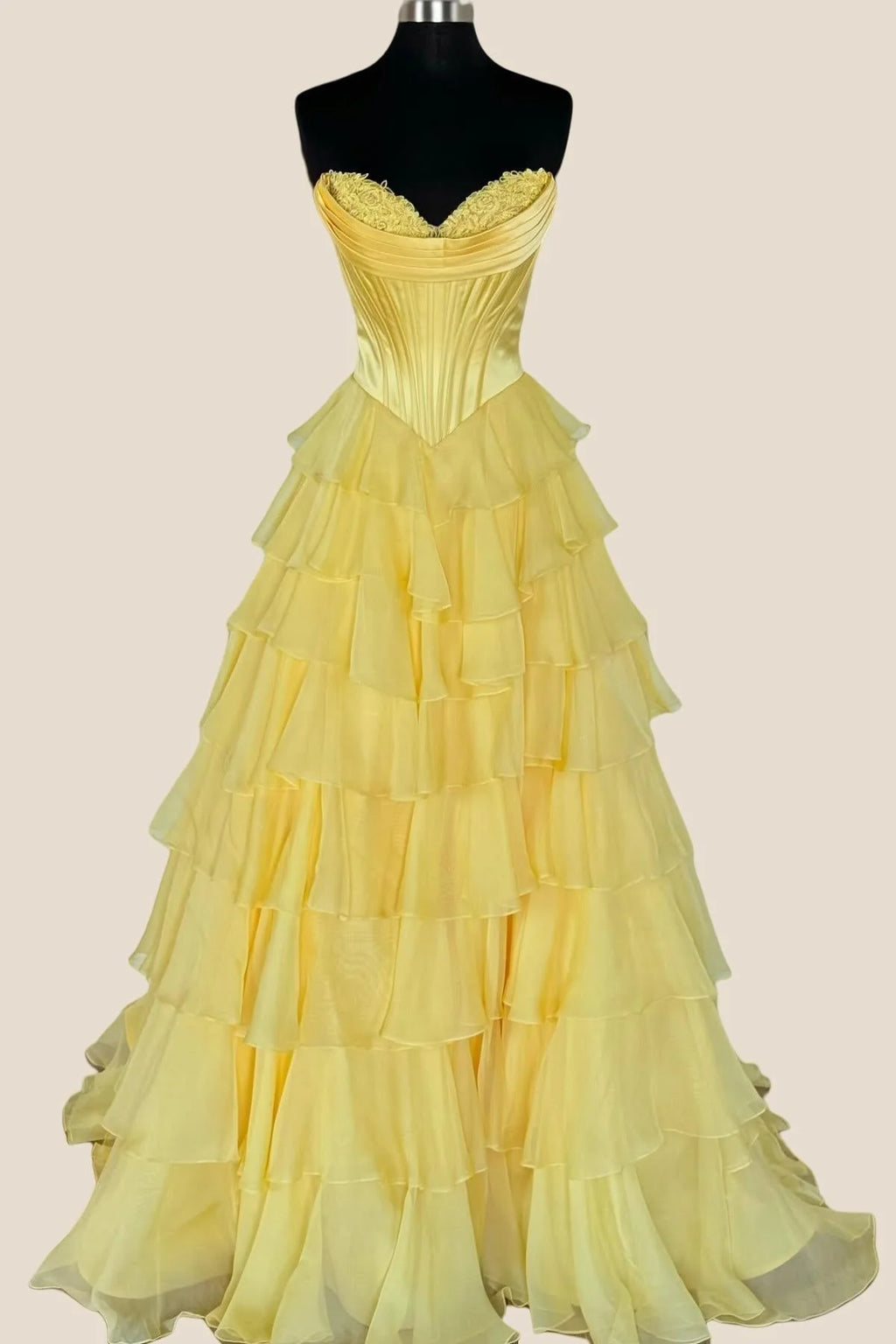Strapless Yellow Tiered Chiffon Long Dress with Slit