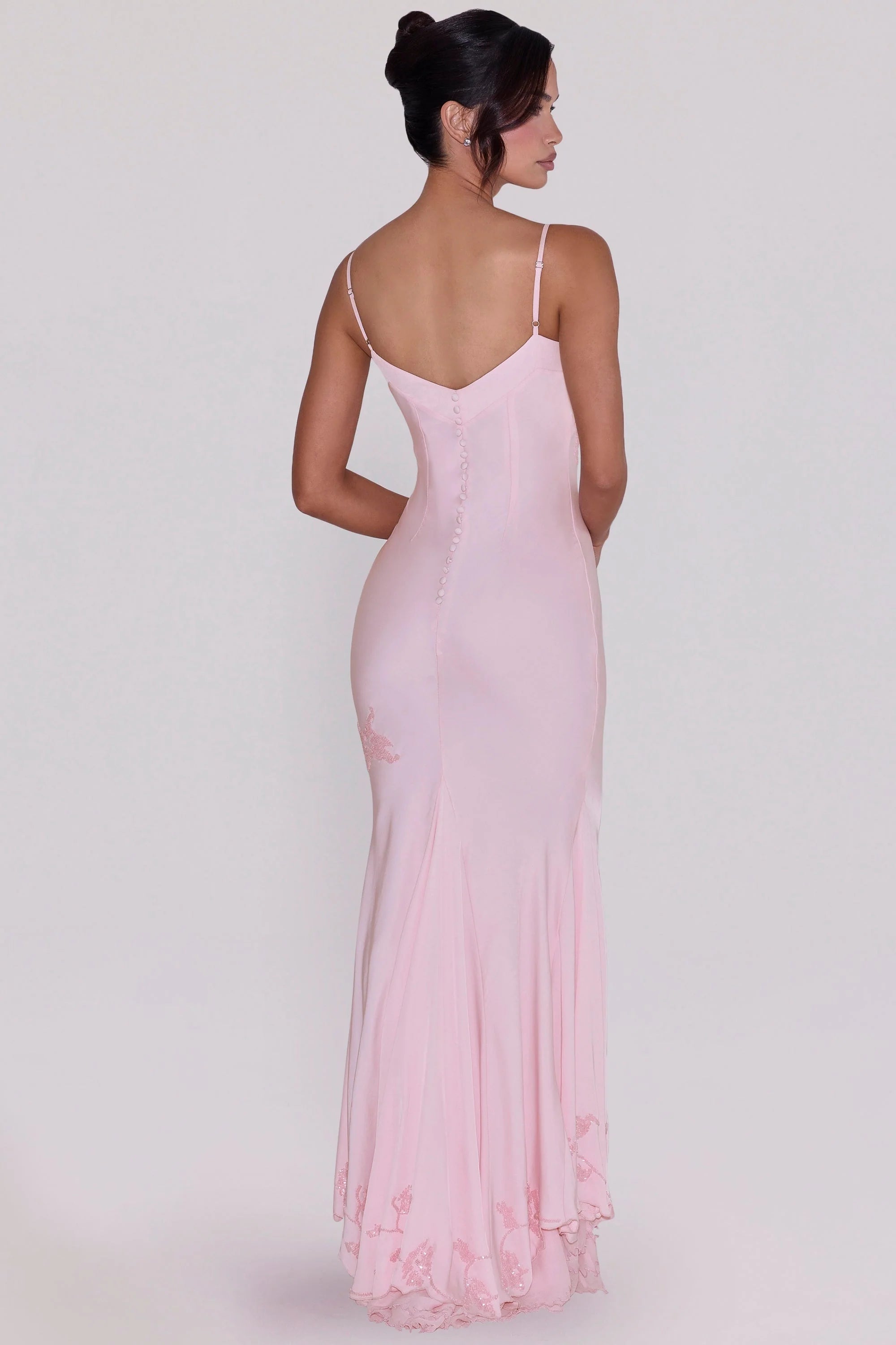 pink hand beaded embellished satin maxi dress