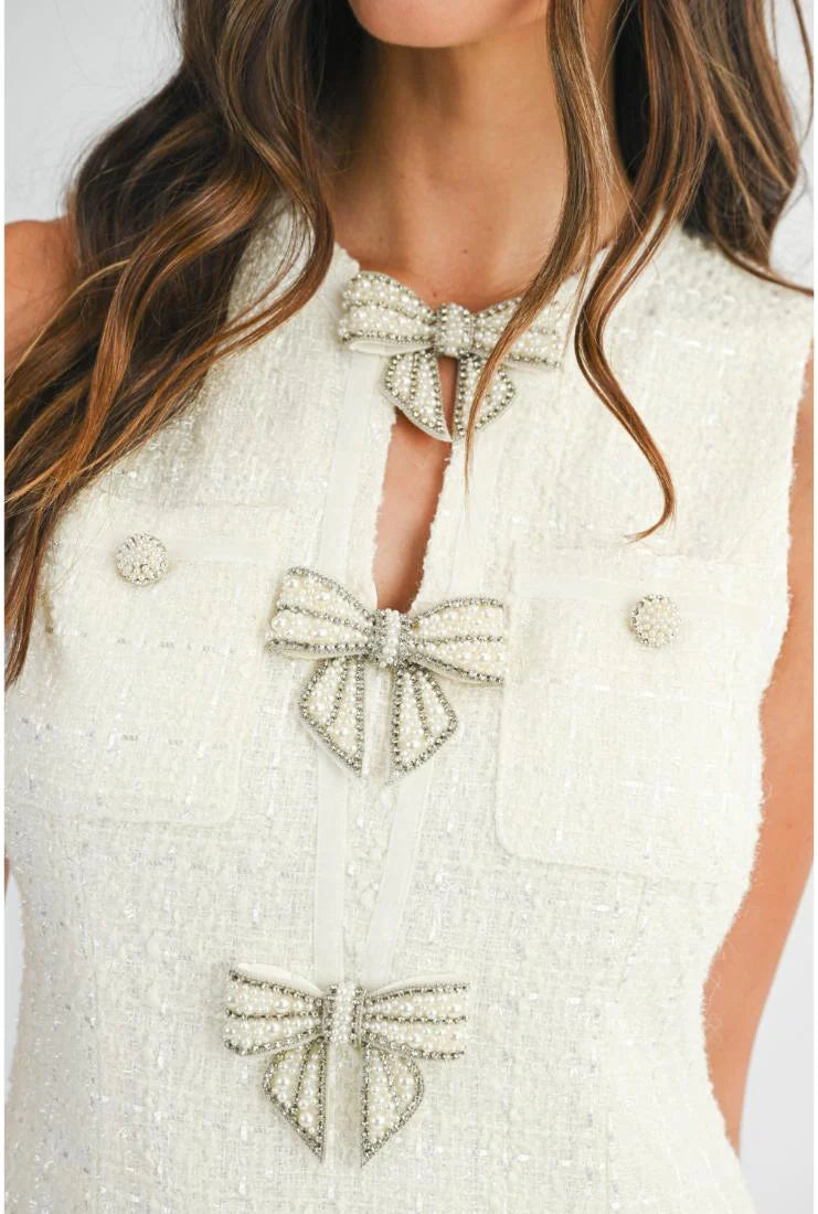 Peyton Pearl Bows Mini Tweed Dress - Ivory